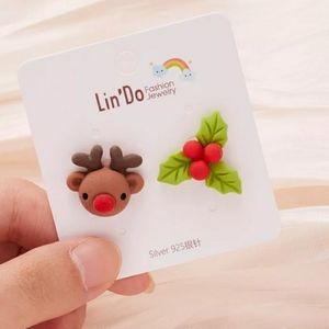 Korean Cute Christmas Reindeer & Holly Clay 925 Sterling Silver Stud Earrings